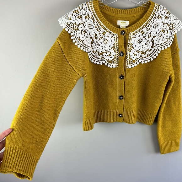 Maeve by Anthropologie Lace Collar Mustard Yellow Cardigan Size M - Picture 10 of 16
